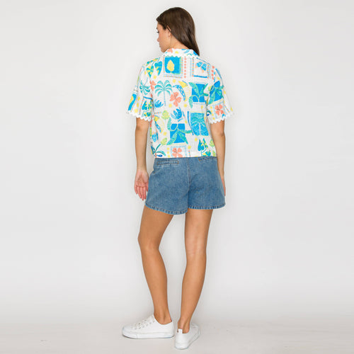 Retro Blue Palm Tree Print Shirts w/ Rick Rack trim- LWT2045