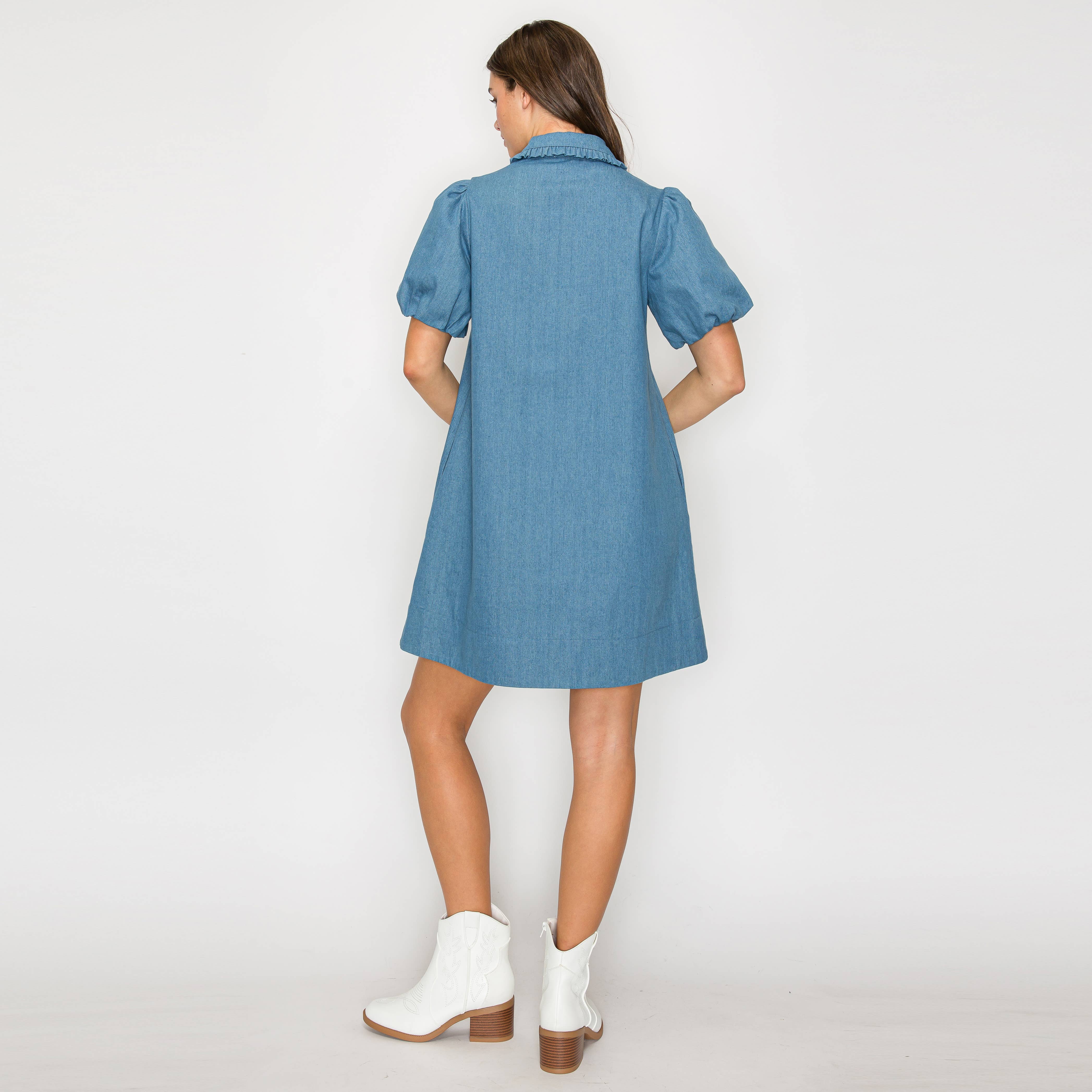 Ruffle Detail Collar Denim Mini Dress