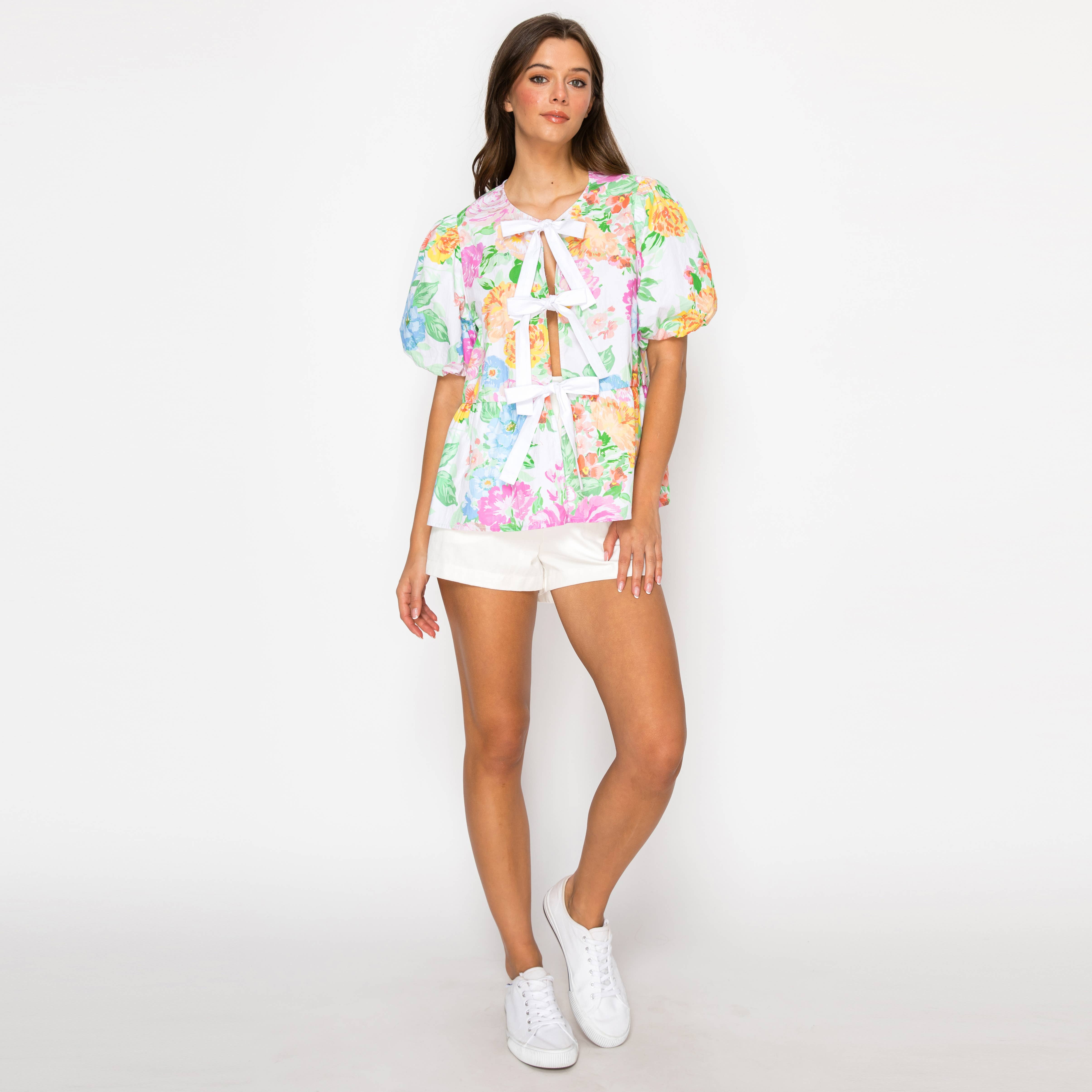Garden Flower Print Cotton Top With Front Ribbon