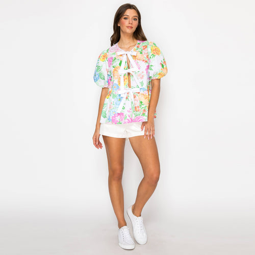 Garden Flower Print Cotton Top With Front Ribbon