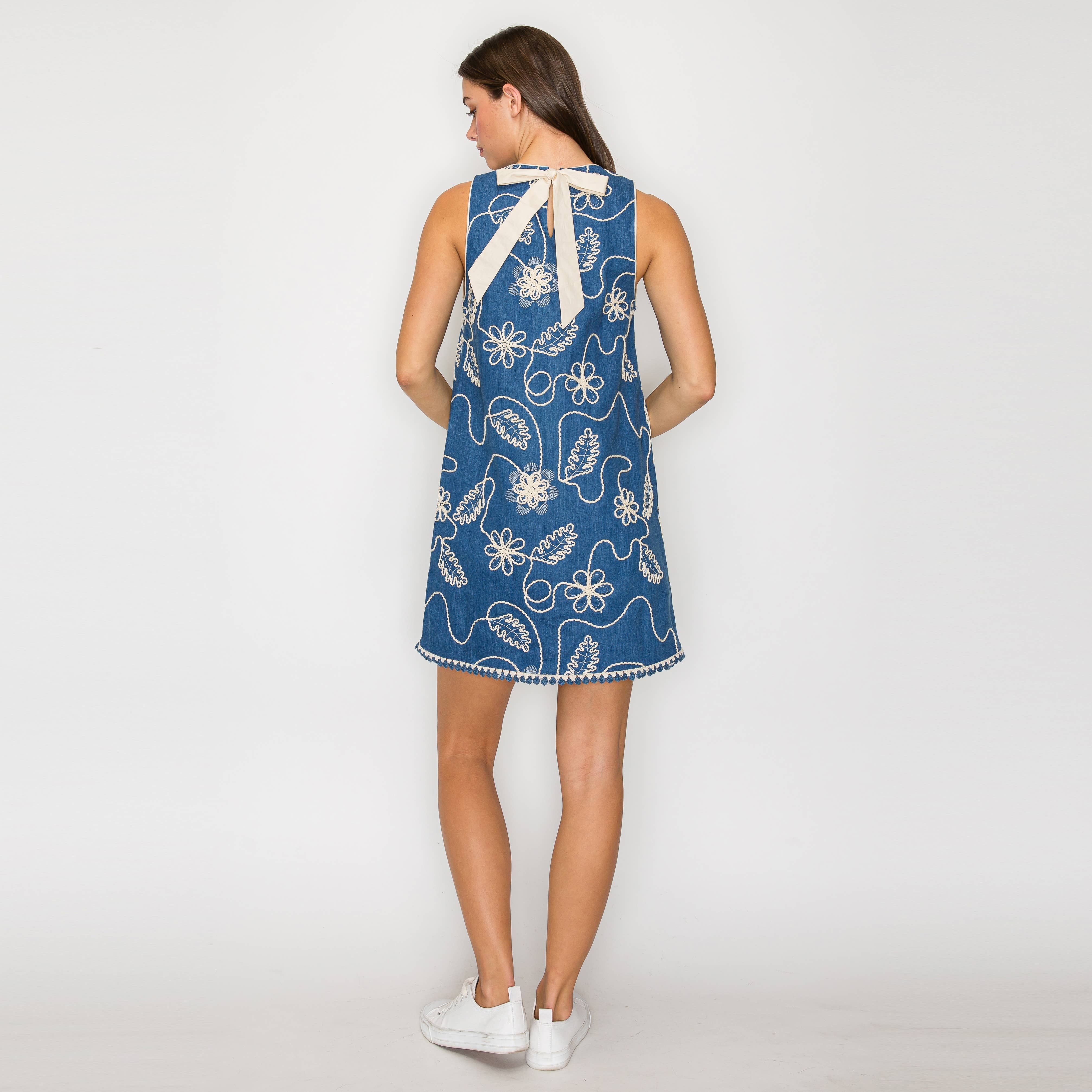 Jacquard Pattern Embroidery Denim Mini Shift Dress- LWD2870