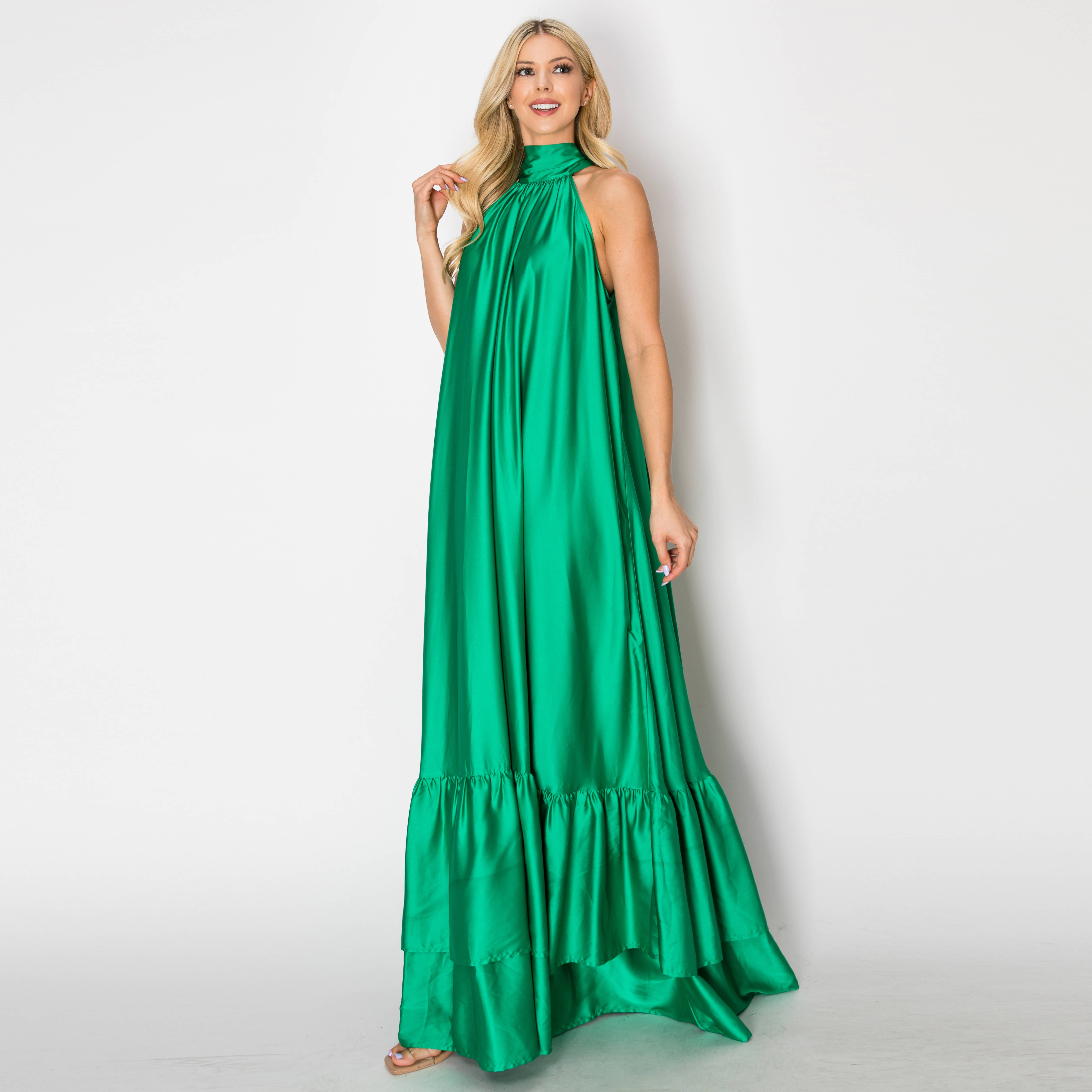 Gorgeous green satin maxi dress