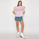 Double Ruffle Cotton Blouse with Ajrak print - Pink -LWT1982