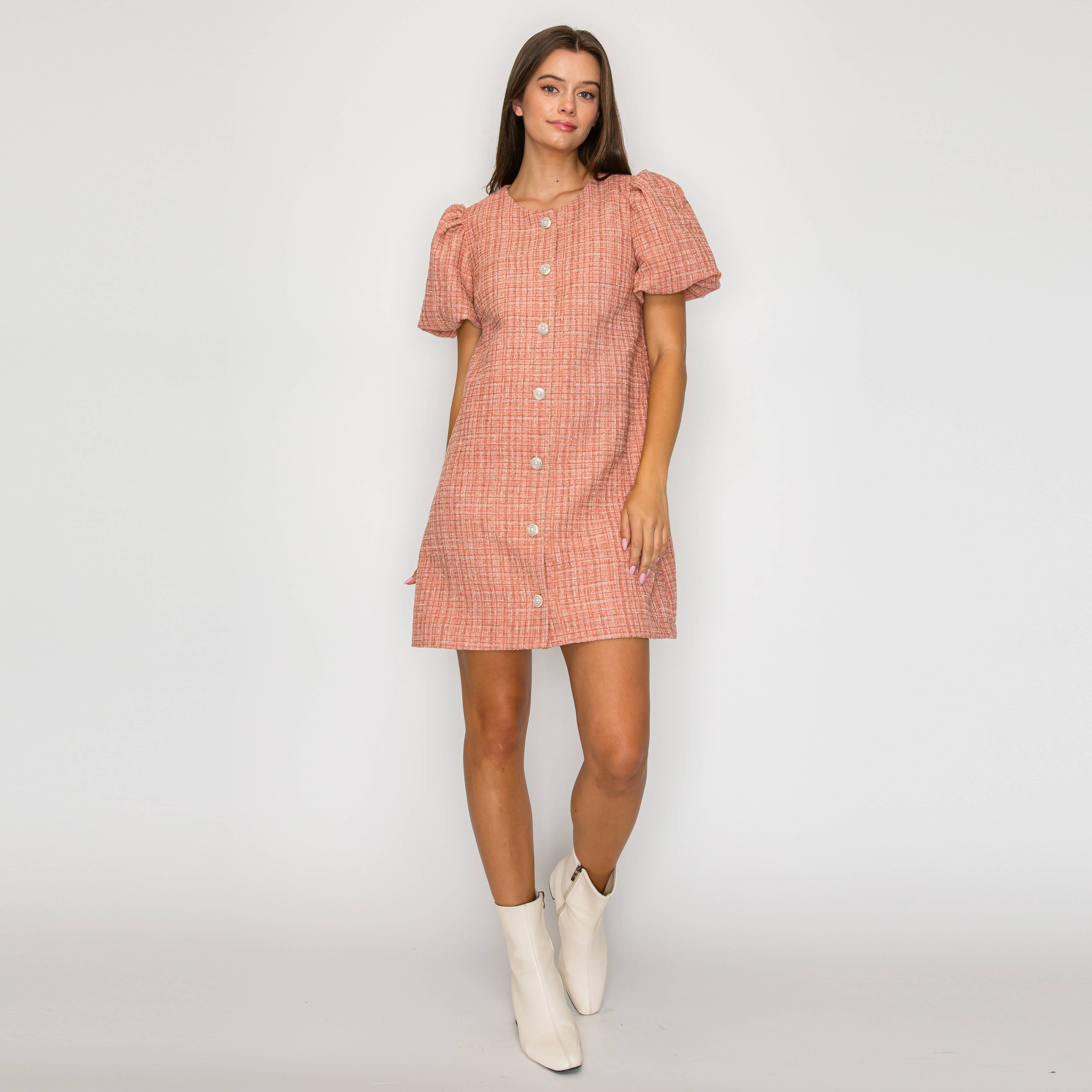 Classic Boucle Mini Shift Dress in Salmon Pink
