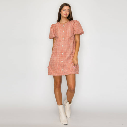 Classic Boucle Mini Shift Dress in Salmon Pink