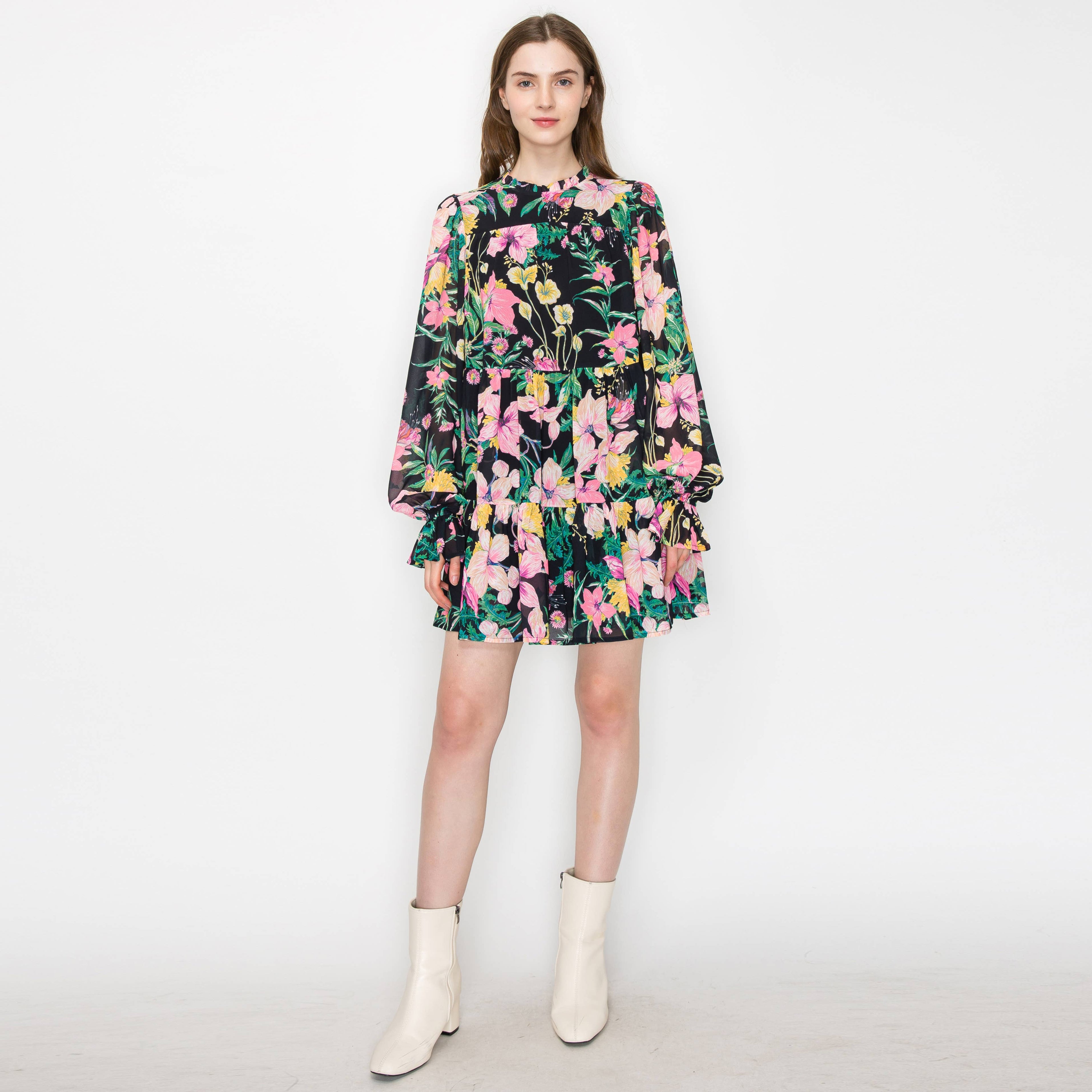 Black wild floral print mini dress