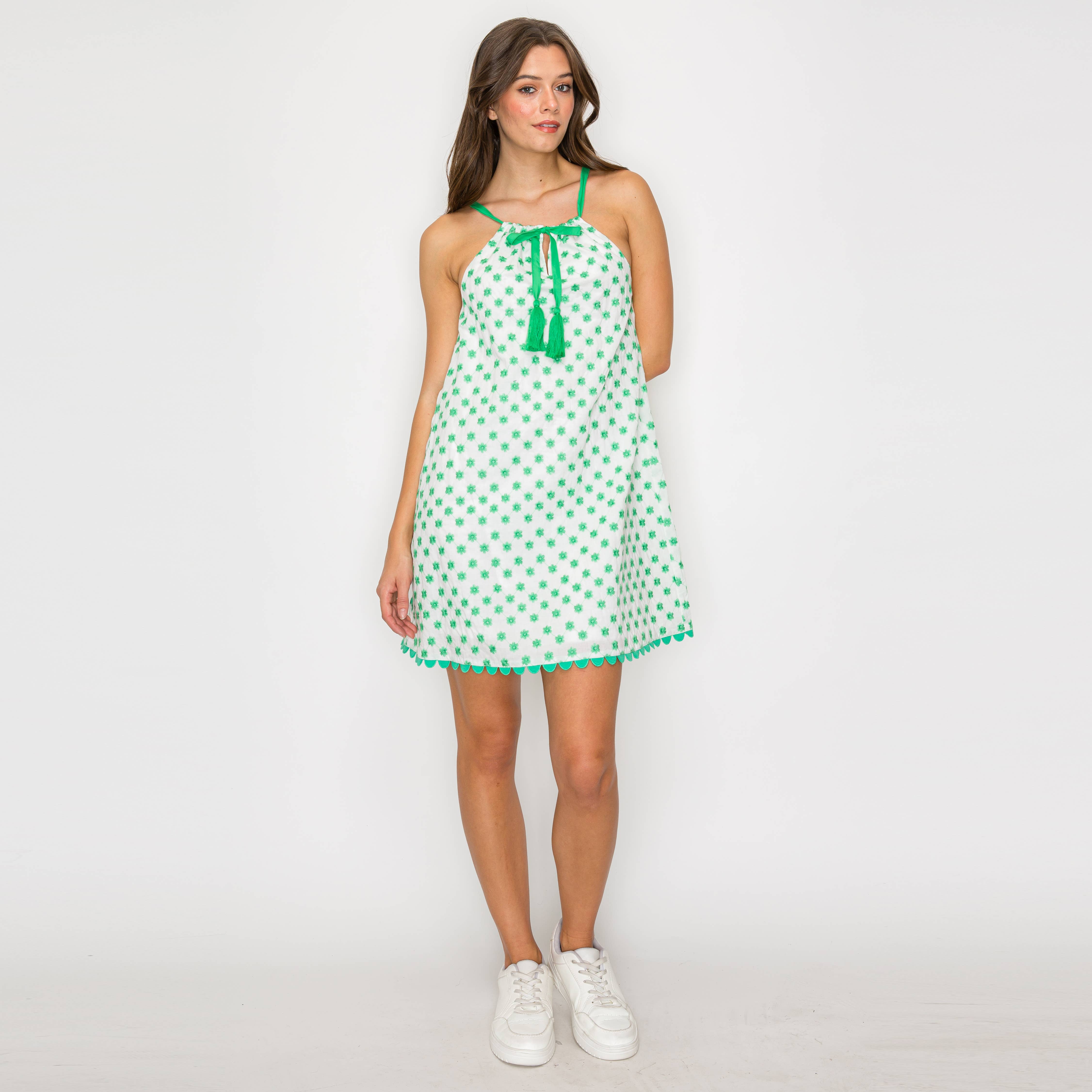 Green Daisy Embroidery Halter Mini Dress