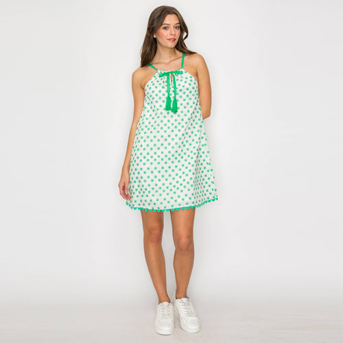 Green Daisy Embroidery Halter Mini Dress