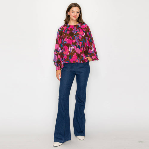 Pink in fall abstract print long sleeve blouse