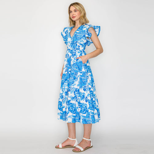 Summer Blue Flower Print Cotton Midi Dress