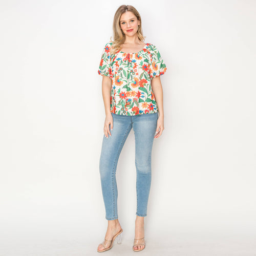 Summer Jacobean print blouse with bubble sleeves