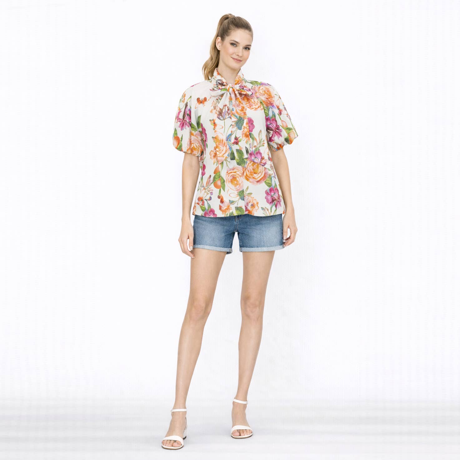 TANGERINE BLOOM Tie-Neck Blouse