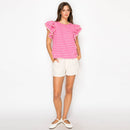 Pink Geo Embroidery Blouse with Lace Trim