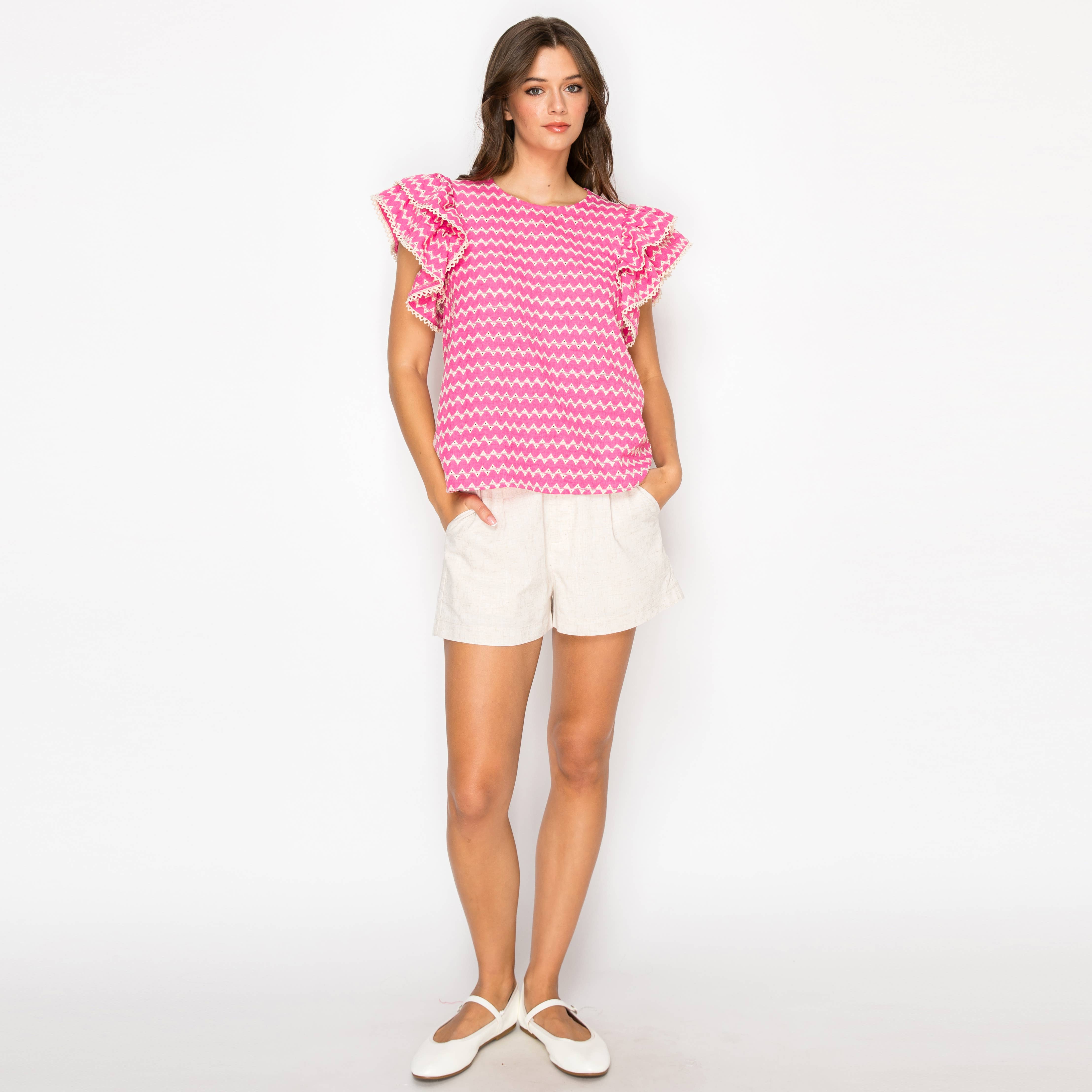 Pink Geo Embroidery Blouse with Lace Trim
