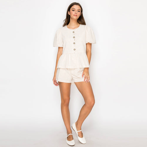 Linen Peplum Jacket w/ Bubble Sleeves Scallop Front -LWT2054