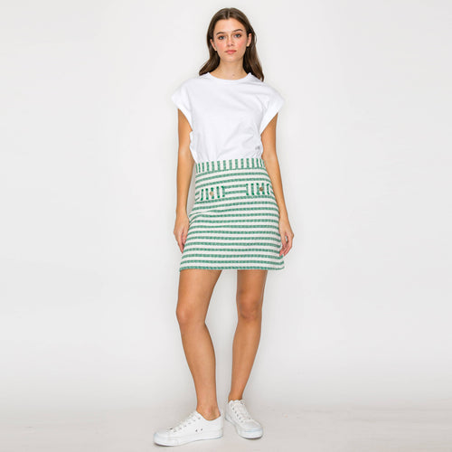 Green & White Stripe Summer French Boucle Mini Skirt-LWK1195