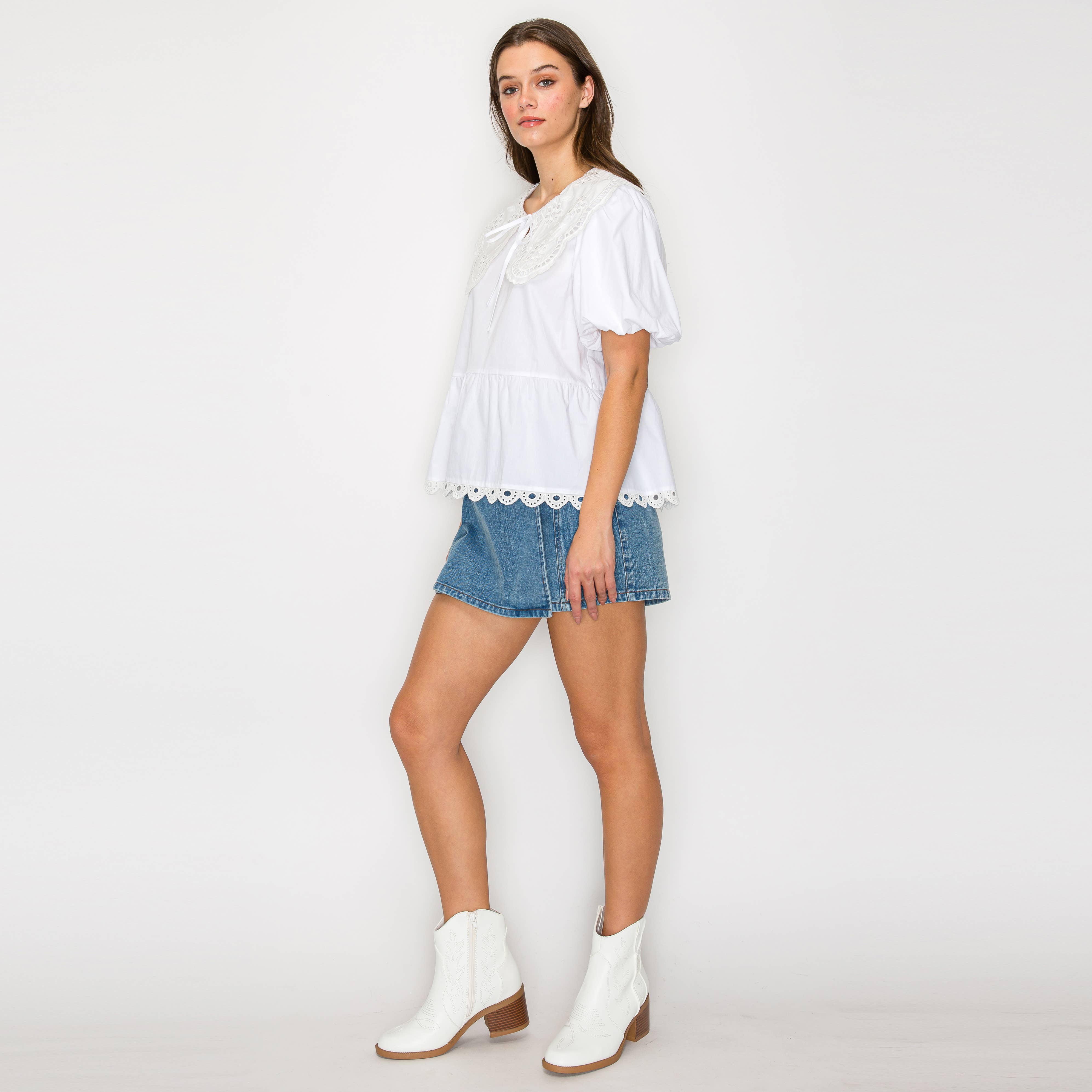 White Cotton Peplum Top with Lace Collar