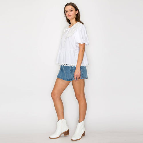 White Cotton Peplum Top with Lace Collar