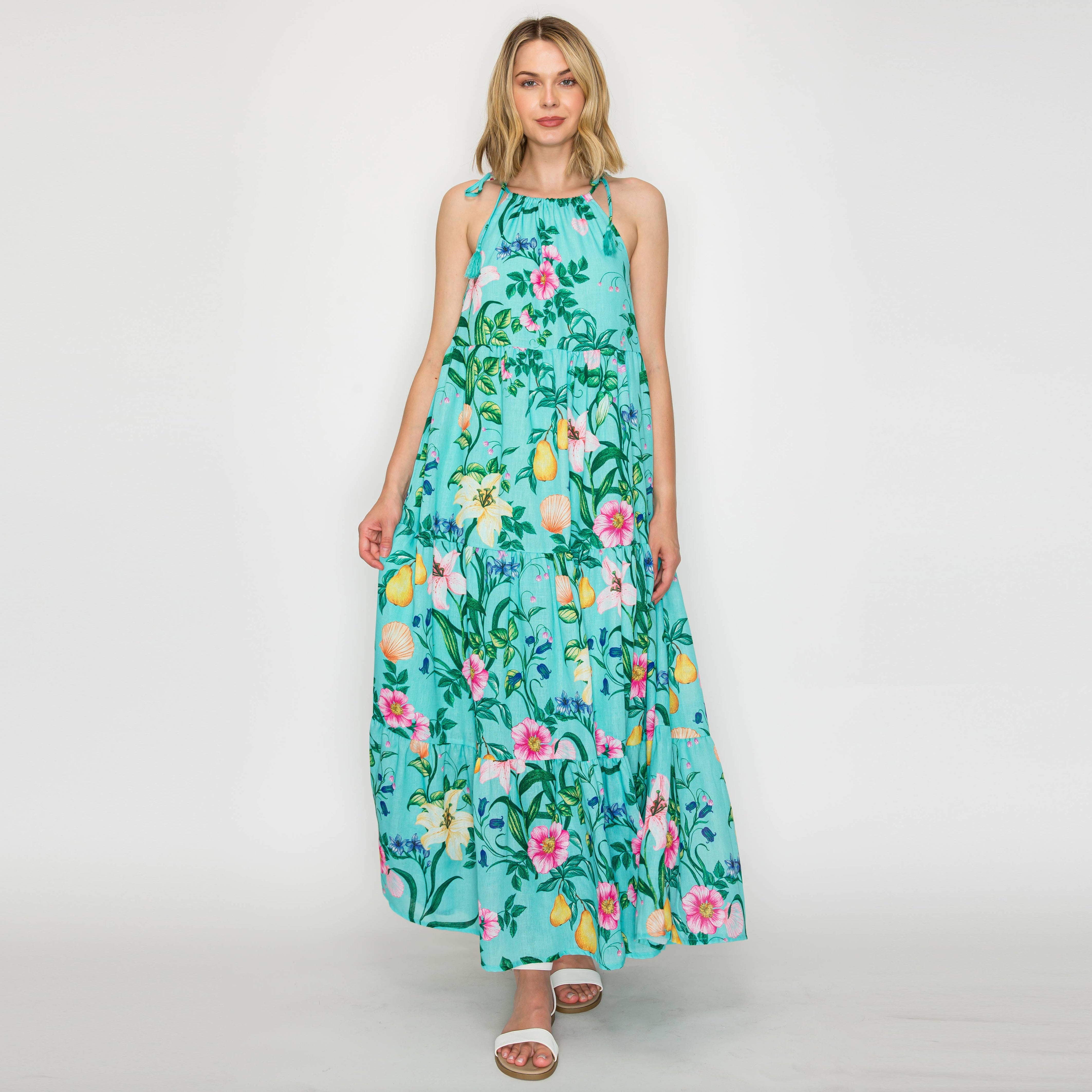 Summer Flower with Shell Halter Maxi Dress