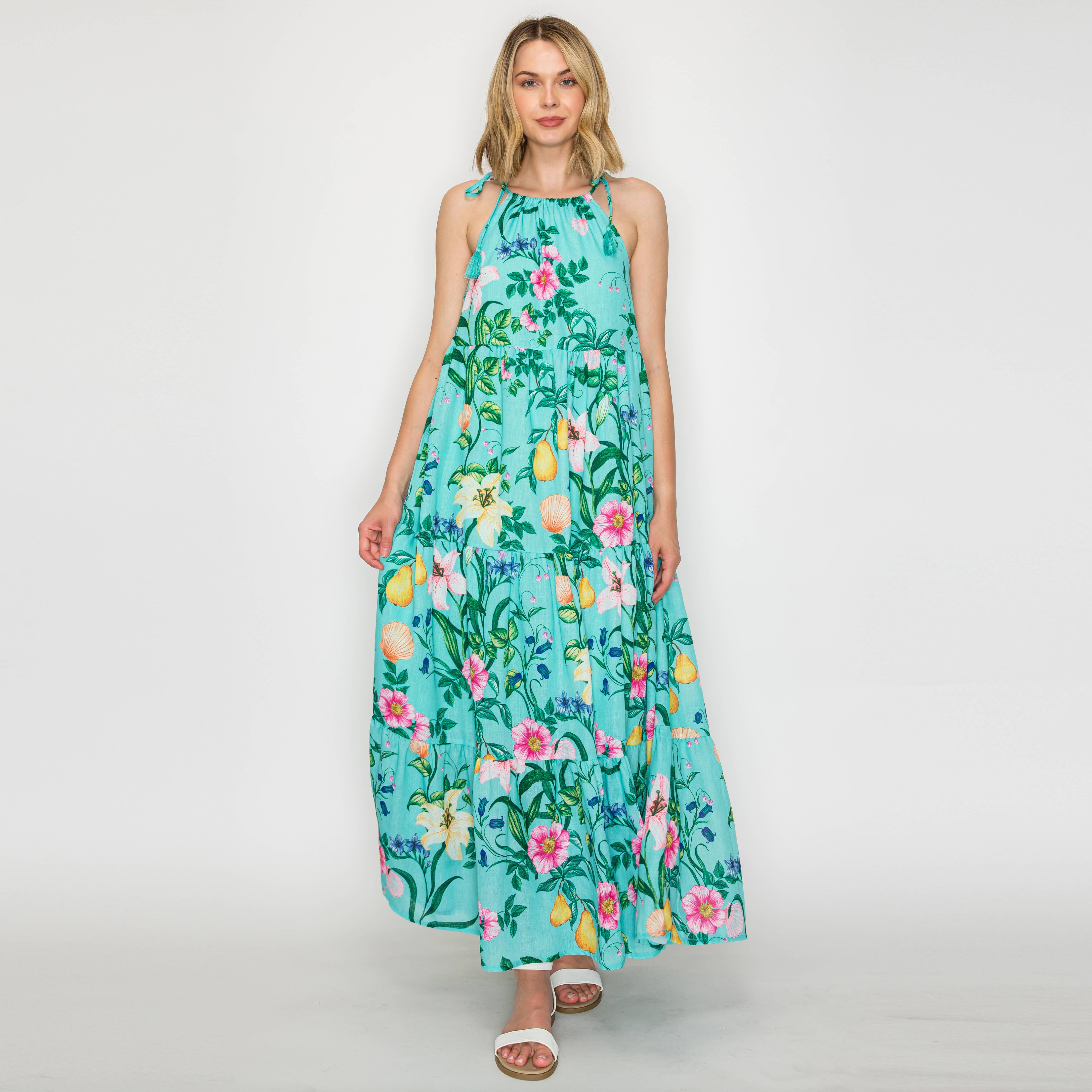 Summer Flower with Shell Halter Maxi Dress