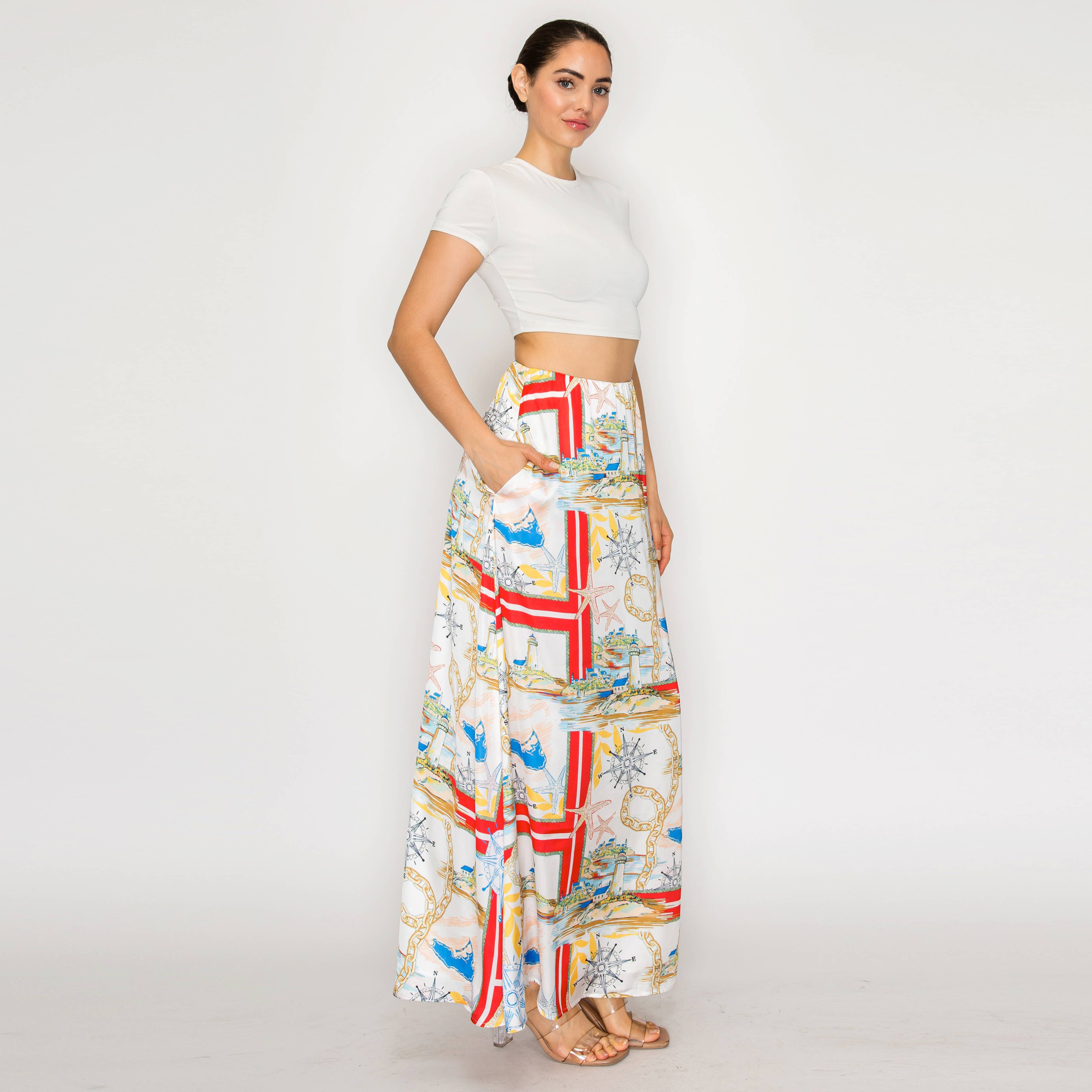 ATLANTIC BREEZE RED Satin Scarf Maxi Skirt