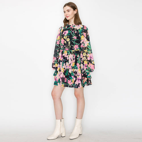 Black wild floral print mini dress