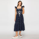 Navy Midi Dress with White Daisy Embroidery