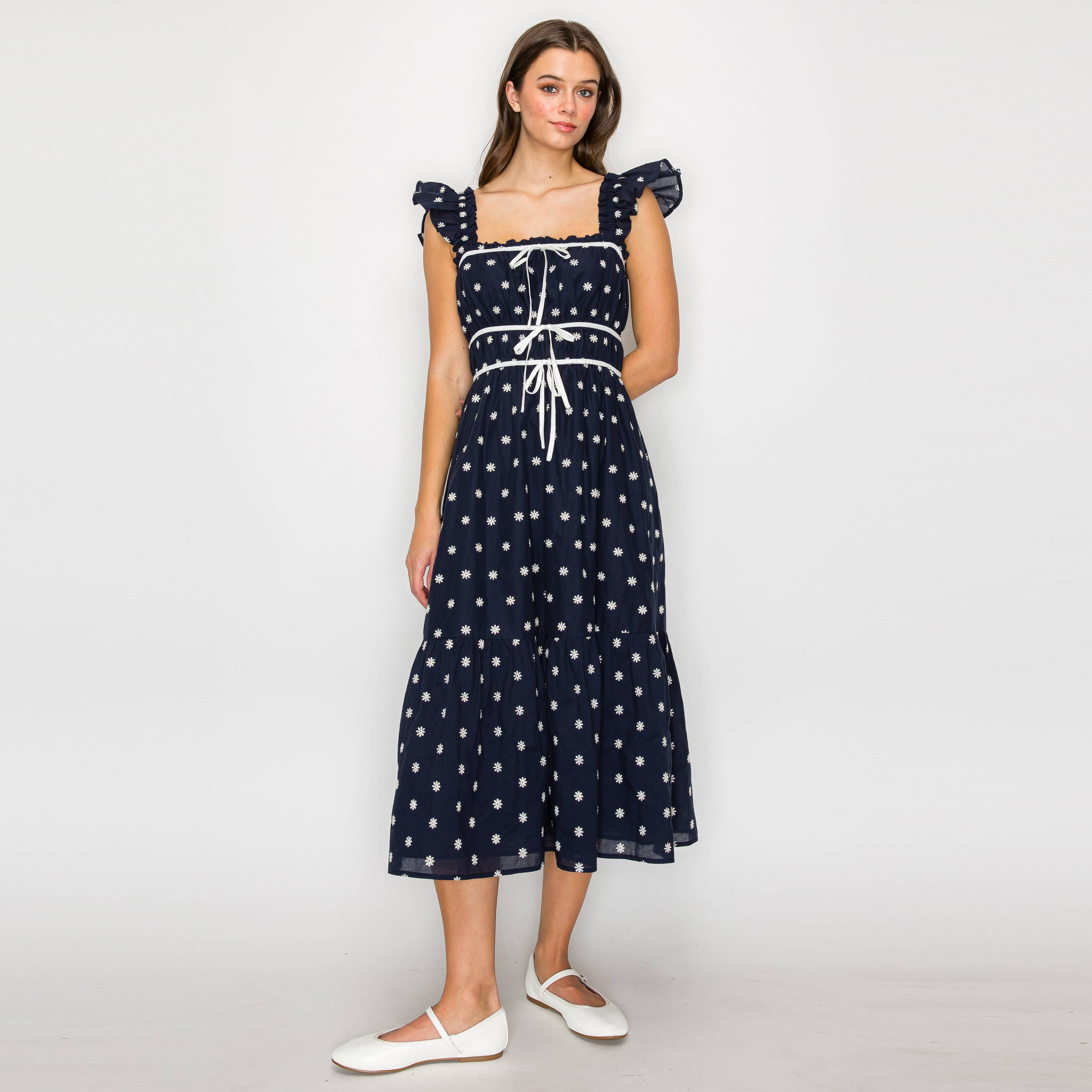 Navy Midi Dress with White Daisy Embroidery