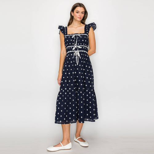 Navy Midi Dress with White Daisy Embroidery