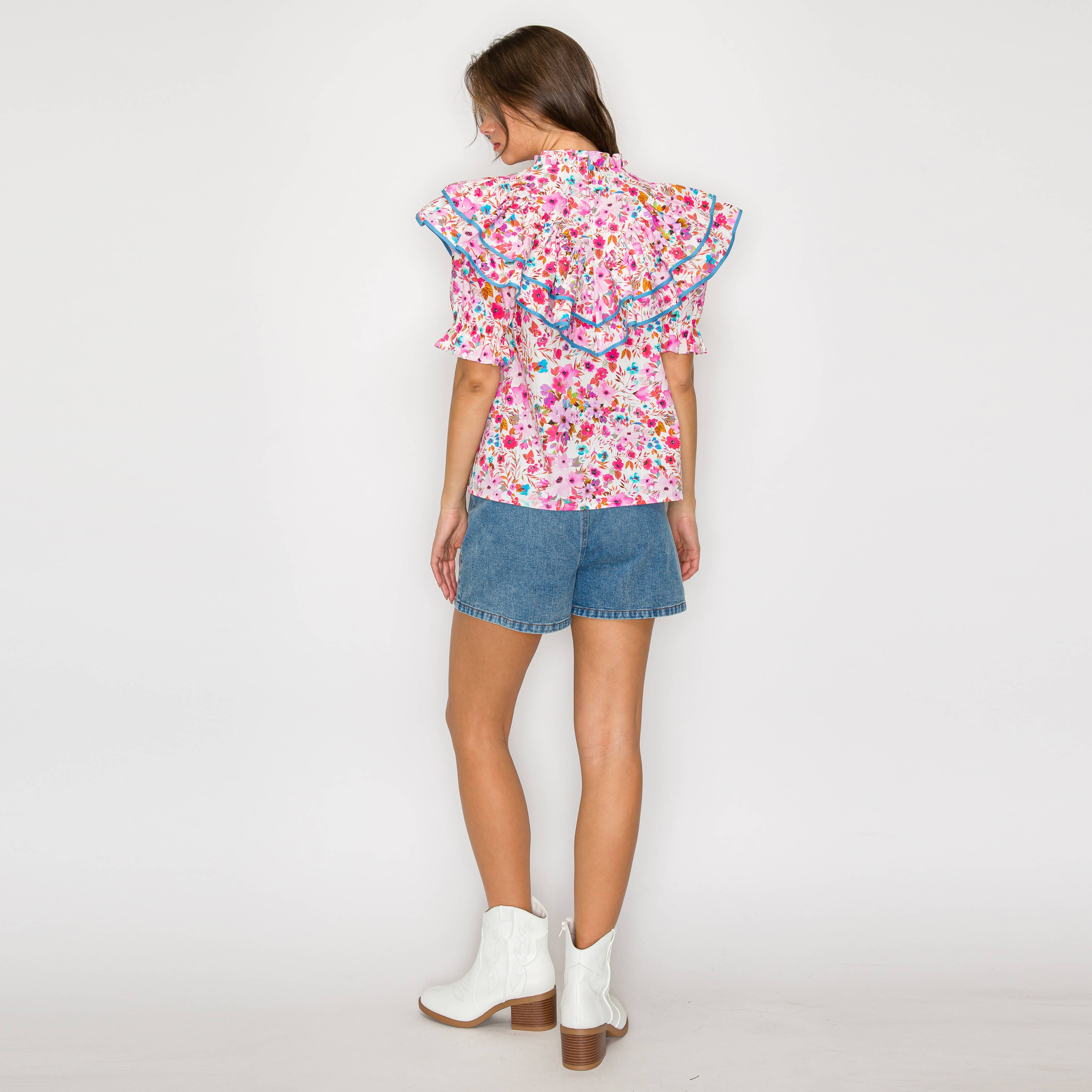 Double Ruffle Cotton Blouse Wildflower Print - Pink -LWT1981