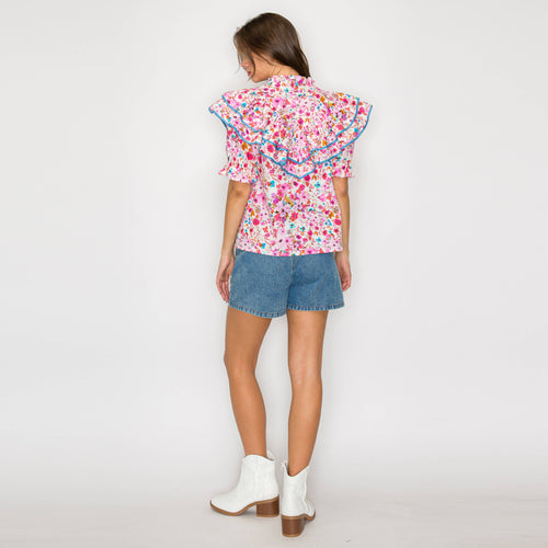 Double Ruffle Cotton Blouse Wildflower Print - Pink -LWT1981