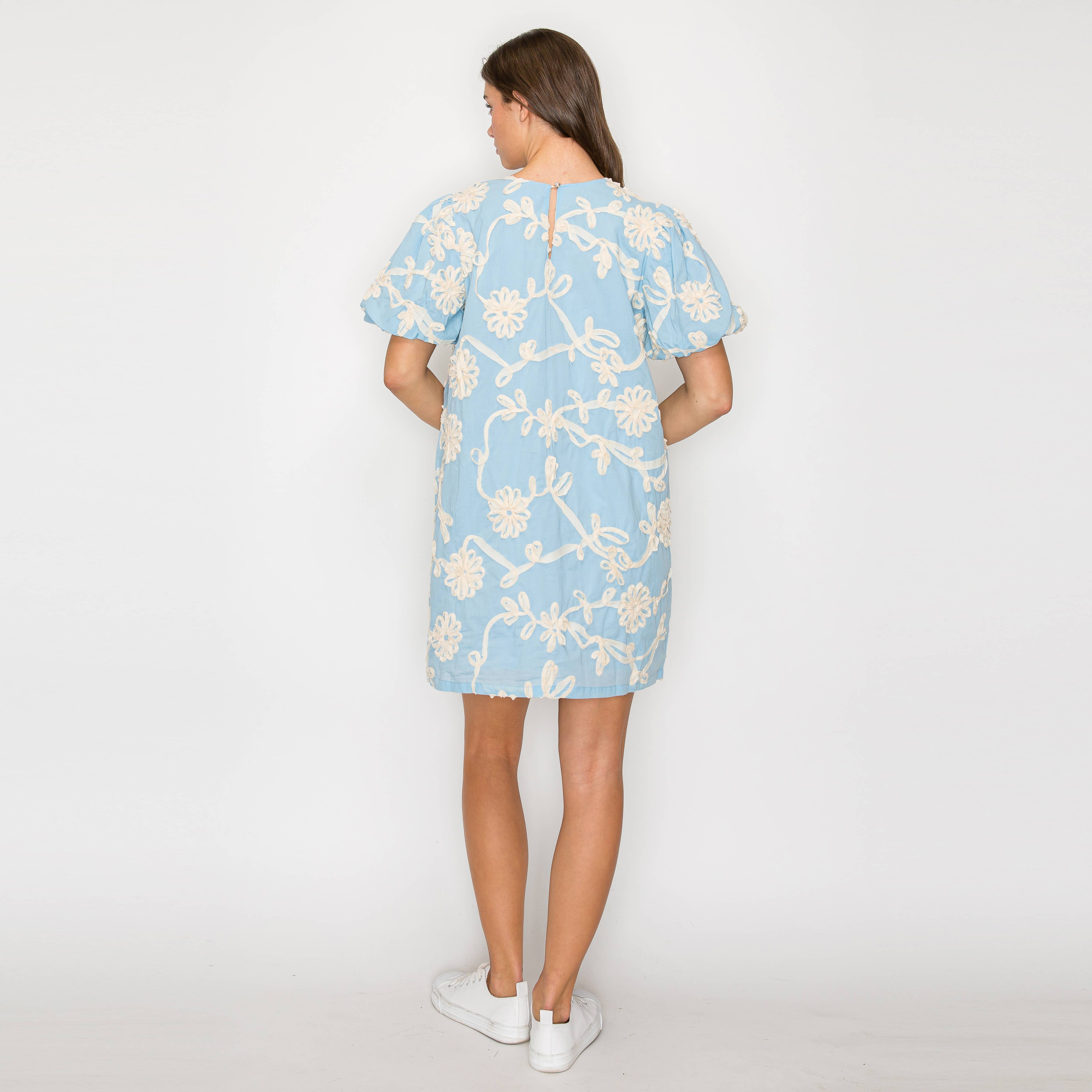 Baby Blue with White Rosette Detail Mini Dress