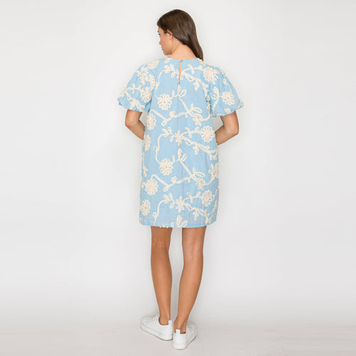 Baby Blue with White Rosette Detail Mini Dress