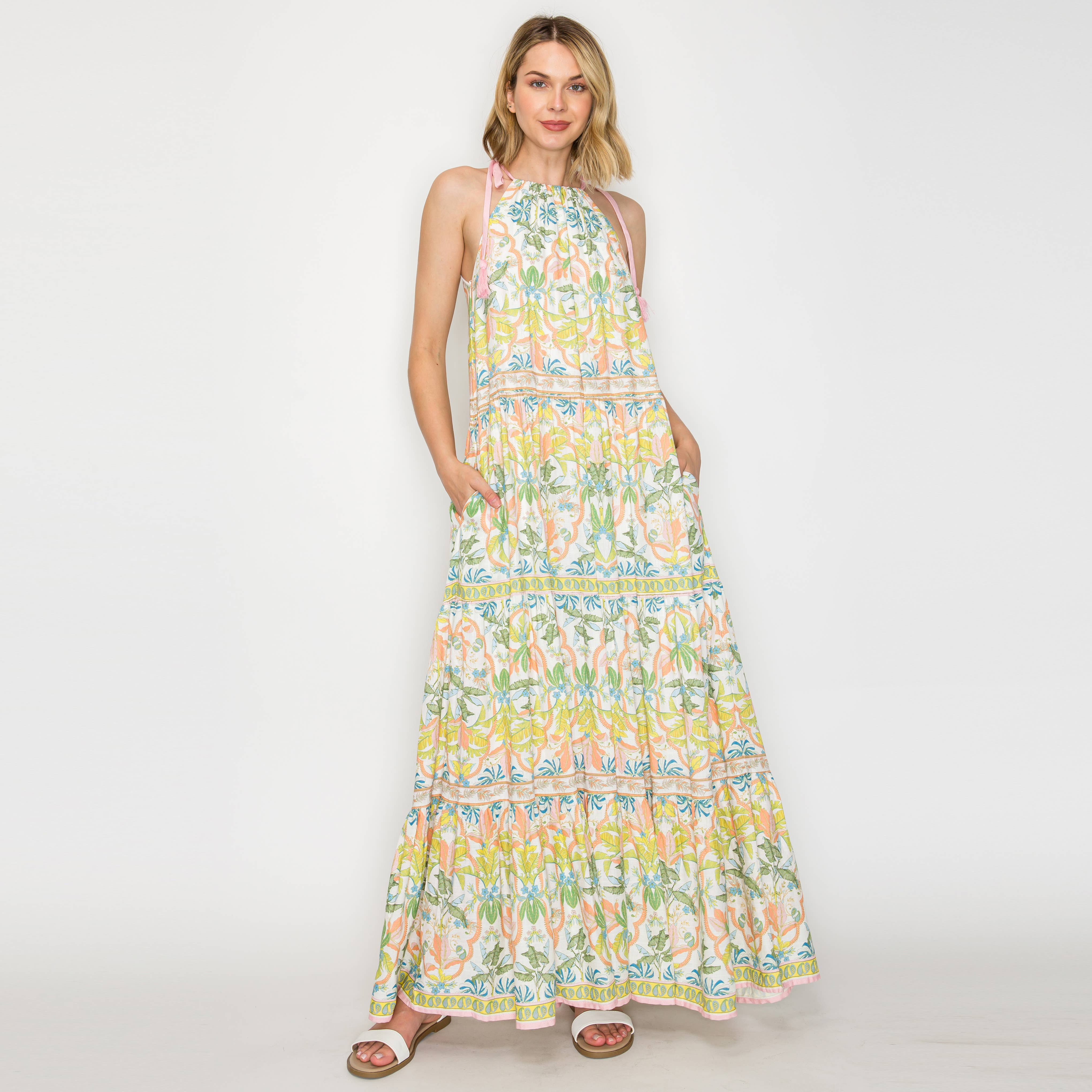 Lemon Yellow Jungle Maxi Halter Dress