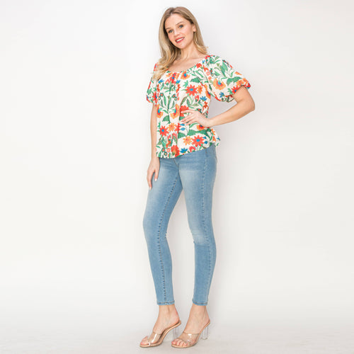 Summer Jacobean print blouse with bubble sleeves