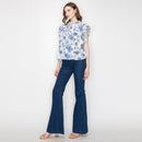 Print linen top with double ruffle sleeves