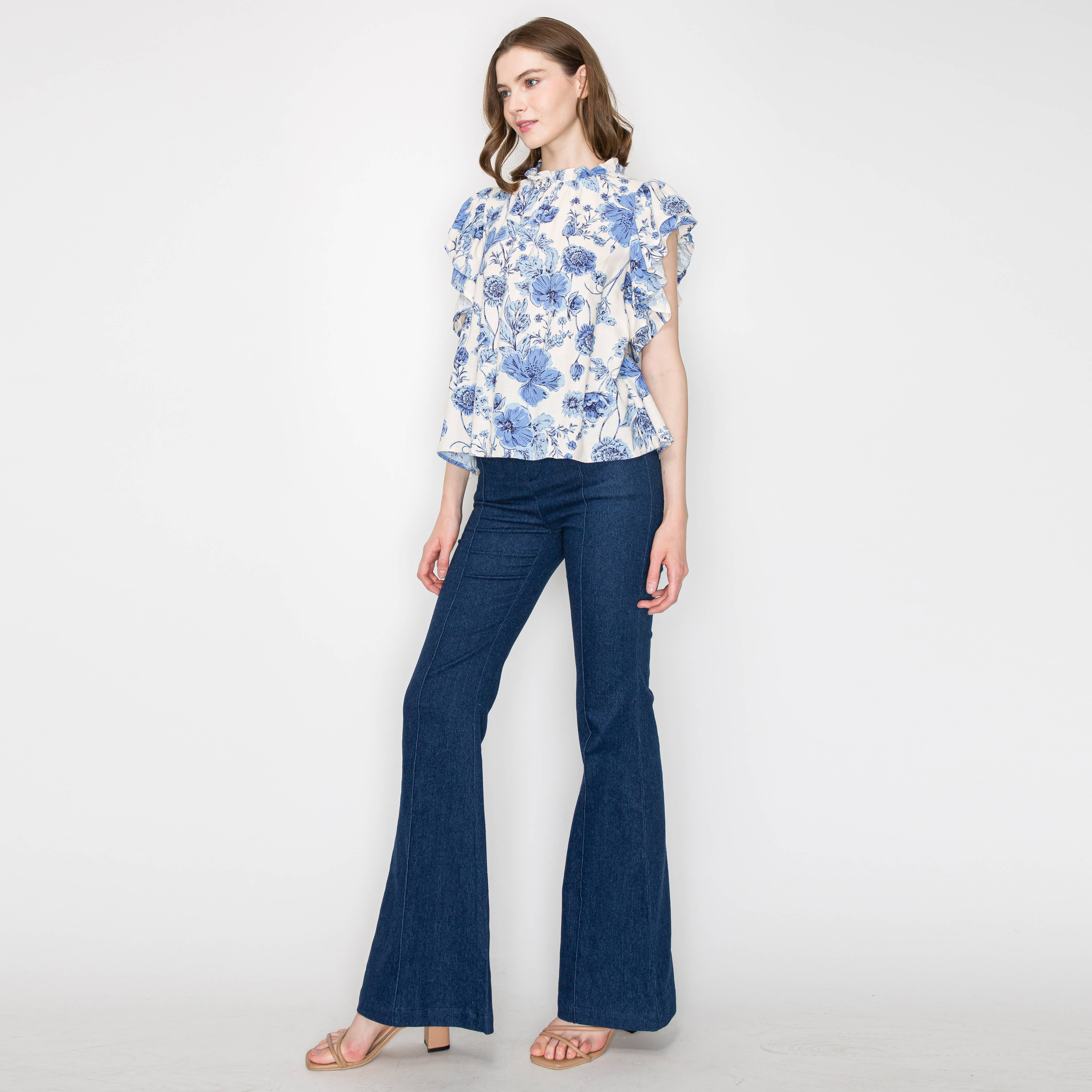 Print linen top with double ruffle sleeves