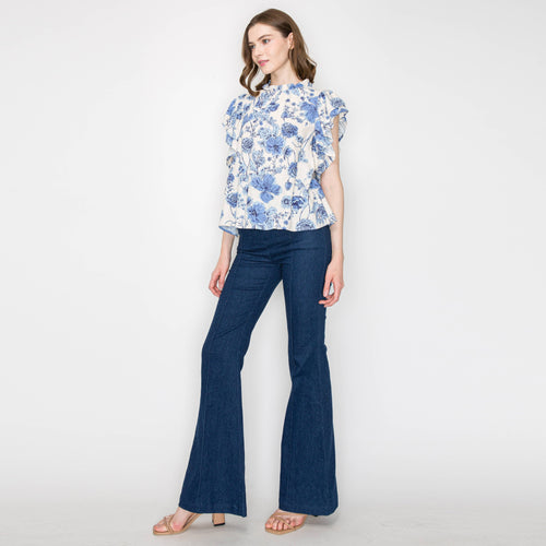 Print linen top with double ruffle sleeves