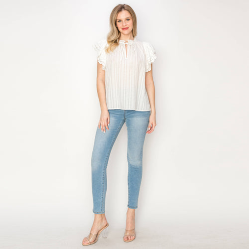 Cotton JQD eyelet blouse with lace trim detail