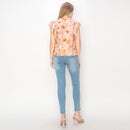 Print linen top with double ruffle sleeves