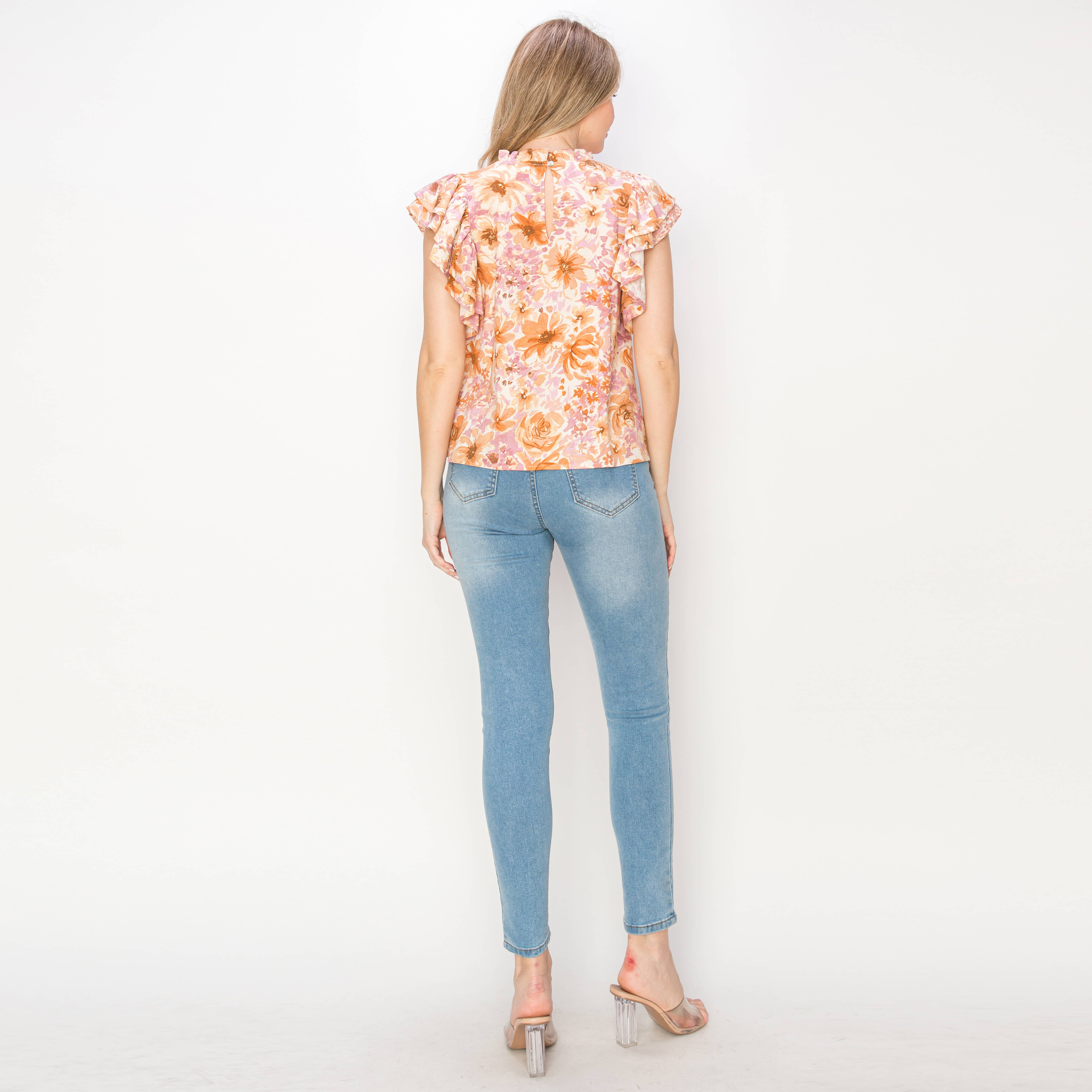 Print linen top with double ruffle sleeves
