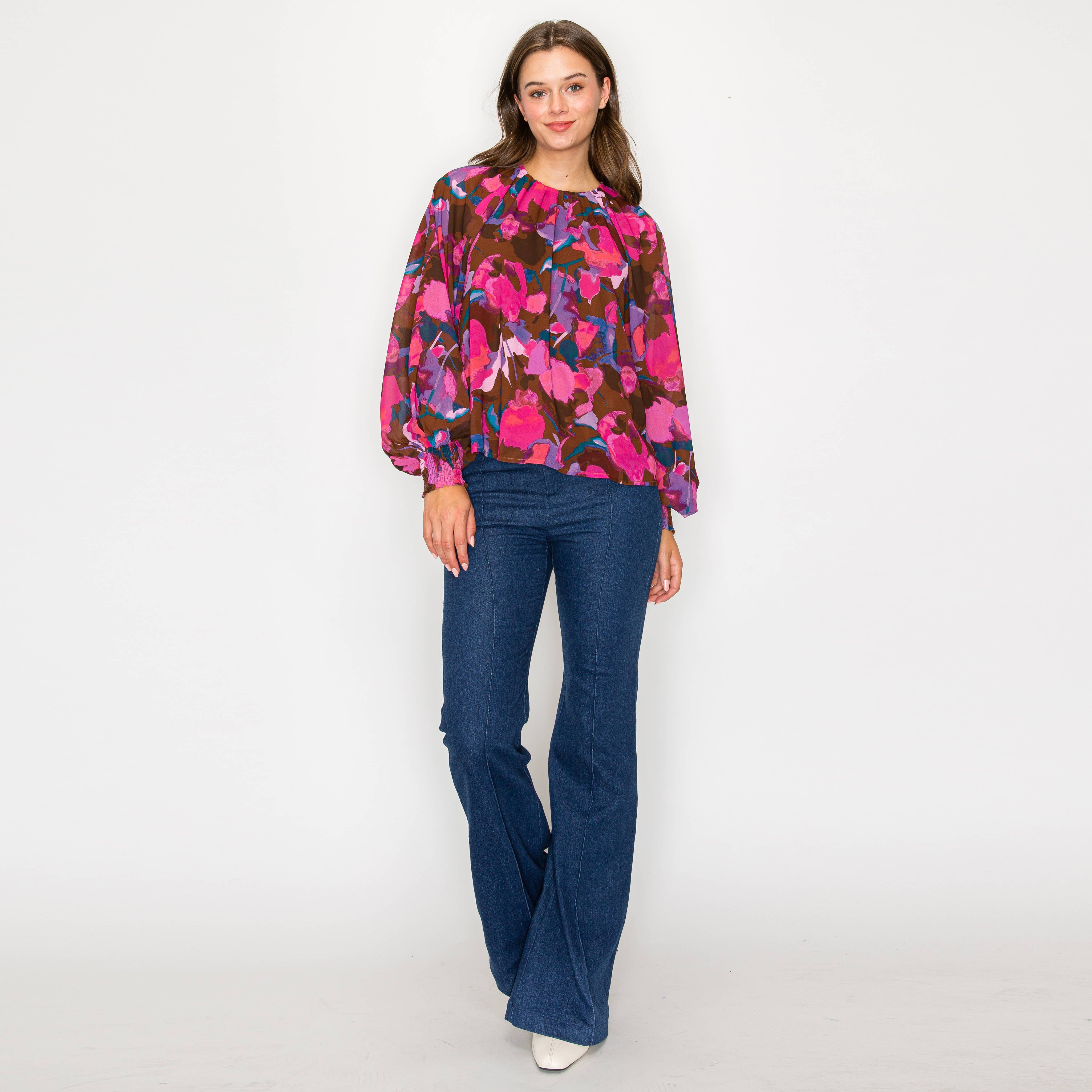 Pink in fall abstract print long sleeve blouse