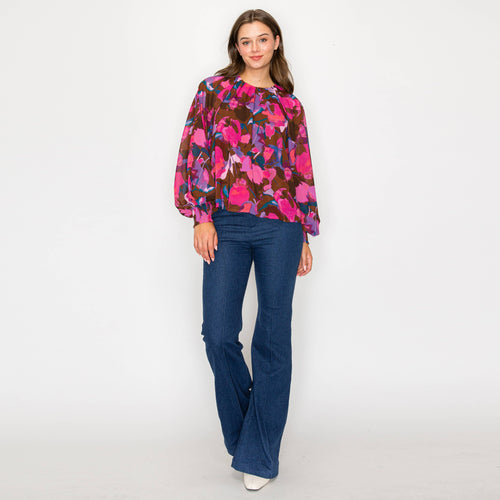 Pink in fall abstract print long sleeve blouse