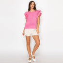 Pink Geo Embroidery Blouse with Lace Trim