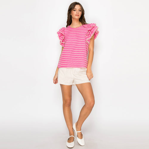 Pink Geo Embroidery Blouse with Lace Trim