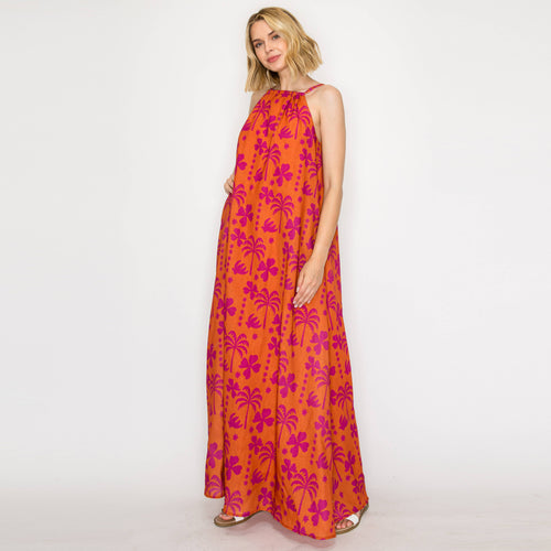 Hot Summer Orange Palm Tree Halter Maxi Dress