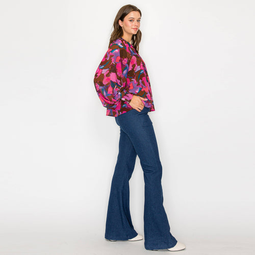 Pink in fall abstract print long sleeve blouse