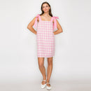Pink Gingham Plaid Mini Dress with Bow Tie