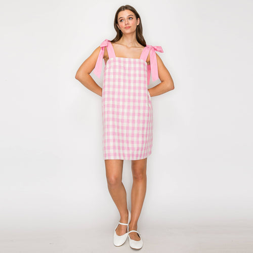 Pink Gingham Plaid Mini Dress with Bow Tie