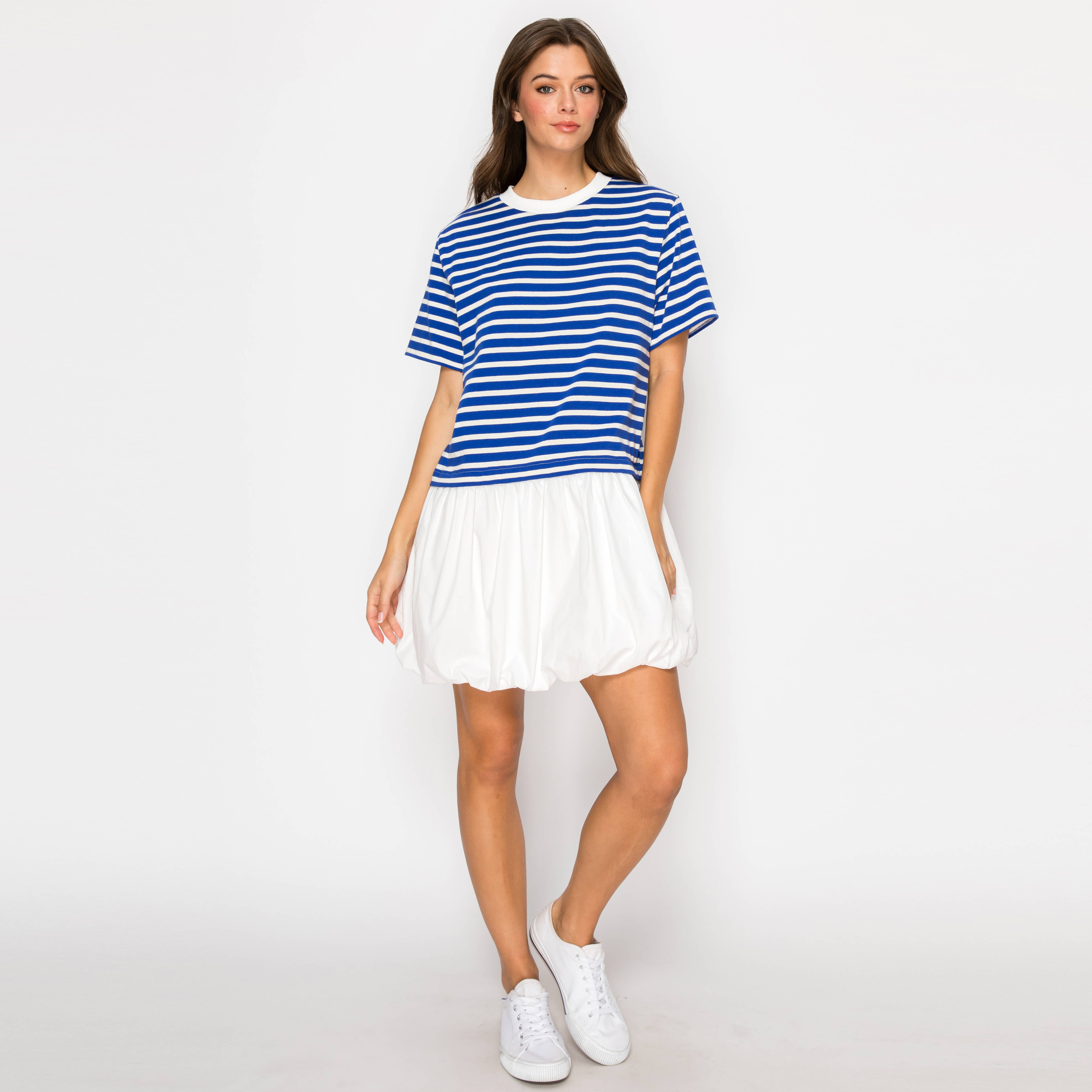 Cool Blue & White Stripe Mini Dress Bubble Skirt